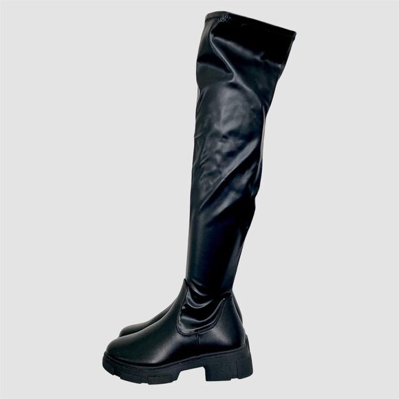 NWOB Chunky Slim Flat Platform Soles Over The Knee Boots Black Size US 6.5 EU 37 - Picture 1 of 8